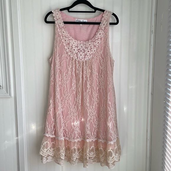 Pretty Angel Dresses & Skirts - Pretty Angel Pink and Cream Lace Dress Romantic Lingerie Tiered Linen Blend XL